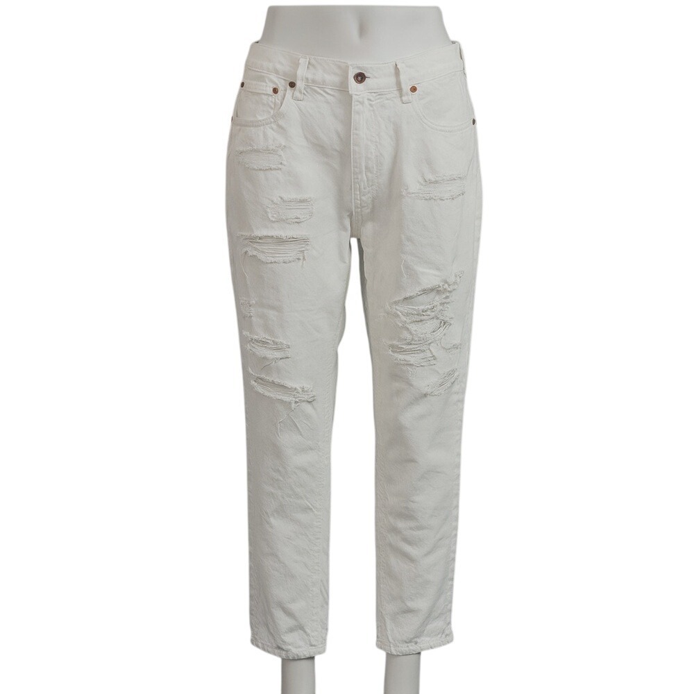 Zara Women's Cream Distressed Straight Leg White Denim - Size 10